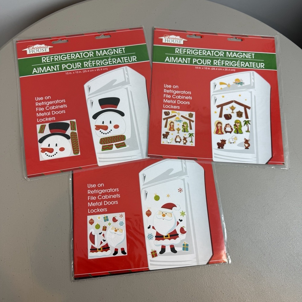 Christmas House Refrigerator Magnets Lot 3 Santa Snowman and Nativity 10x10